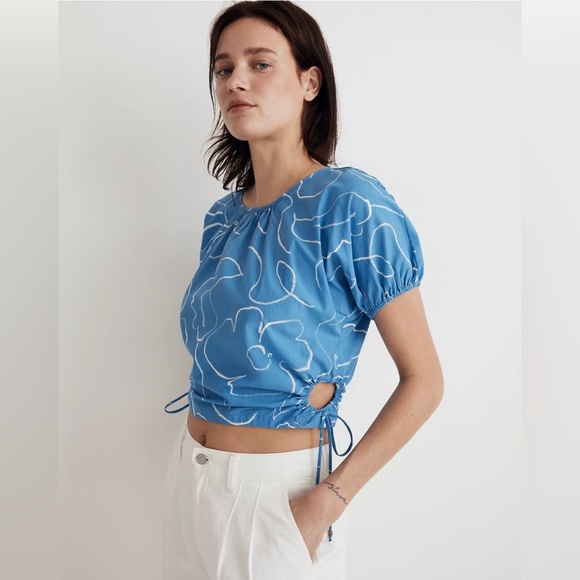 Madewell Poplin Puff-Sleeve Cutout Crop Top in Ornamental Blue Medium NWT - Picture 2 of 5
